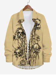 Plus Size Halloween Skulls Rose Flower Leaf Print Buttons Long Sleeve Shirt For Men -  