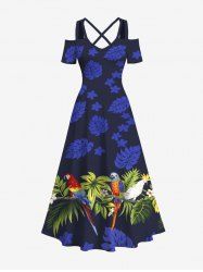 Plus Size Tropical Leaf Flowers Parrot Birds Print Cold Shoulder Crisscross Hawaii Maxi Dress -  