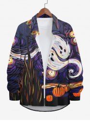 Plus Size Halloween Oil Painting Ghost Pumpkin Print Buttons Long Sleeve Shirt For Men -  