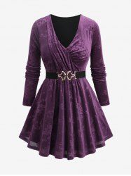 Plus Size Floral Embossed Ruched Surplice Long Sleeves Top with Removable Chain Belt -  