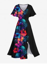 Robe Mi-Longue Fendue Fleur D'Hibiscus et Feuille Tropicale Imprimées de Grande Taille - Noir XXS