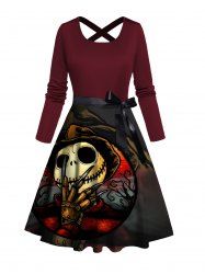 Robe Ligne A Ceinturée Gothique Croisée Squelette Imprimée - Rouge foncé XXL | NOUS 14
