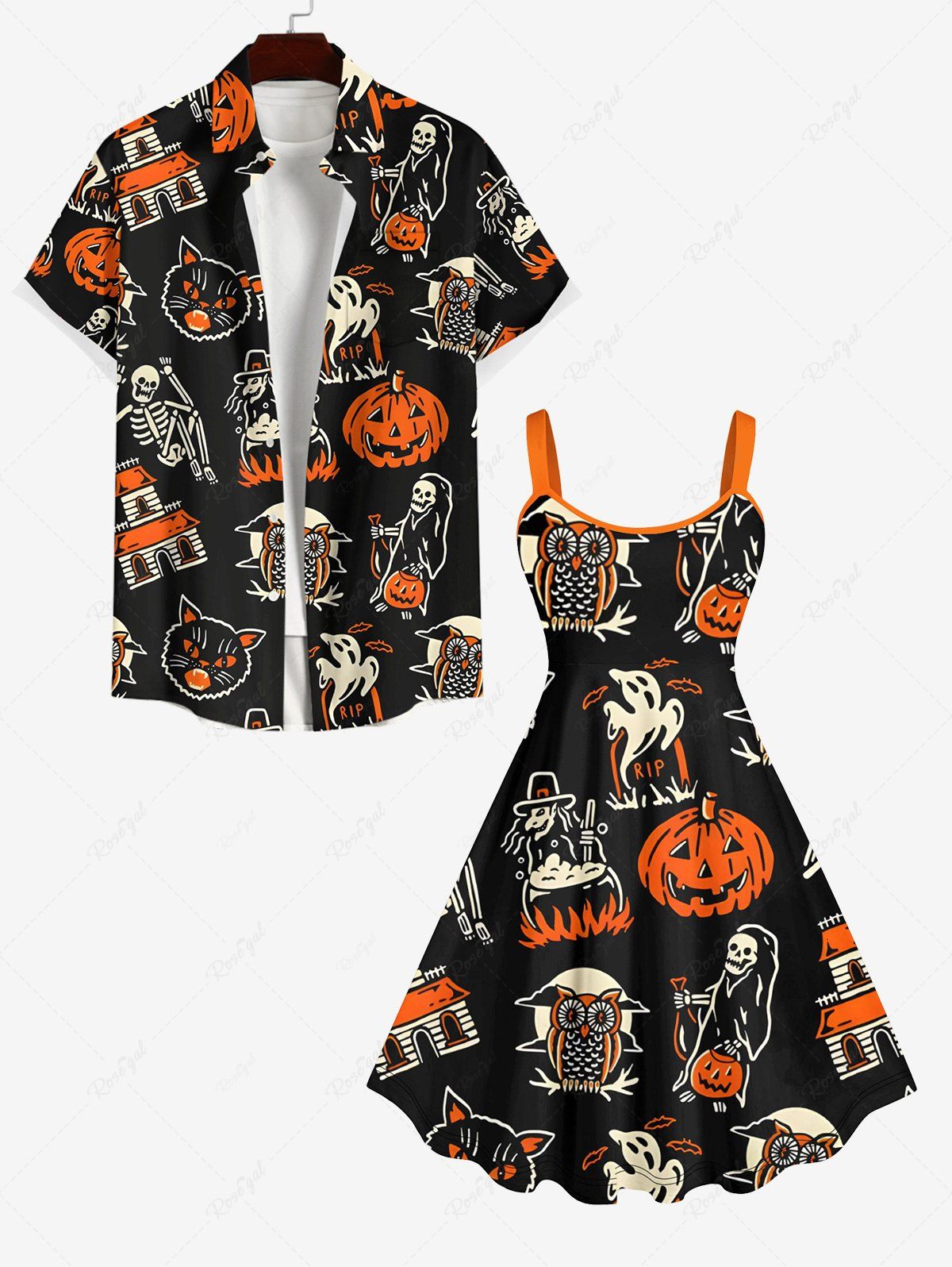 Fashion Halloween Costume Pumpkin Cat Skeleton Owl Ghost Print Plus Size Matching Outfit For Couples  