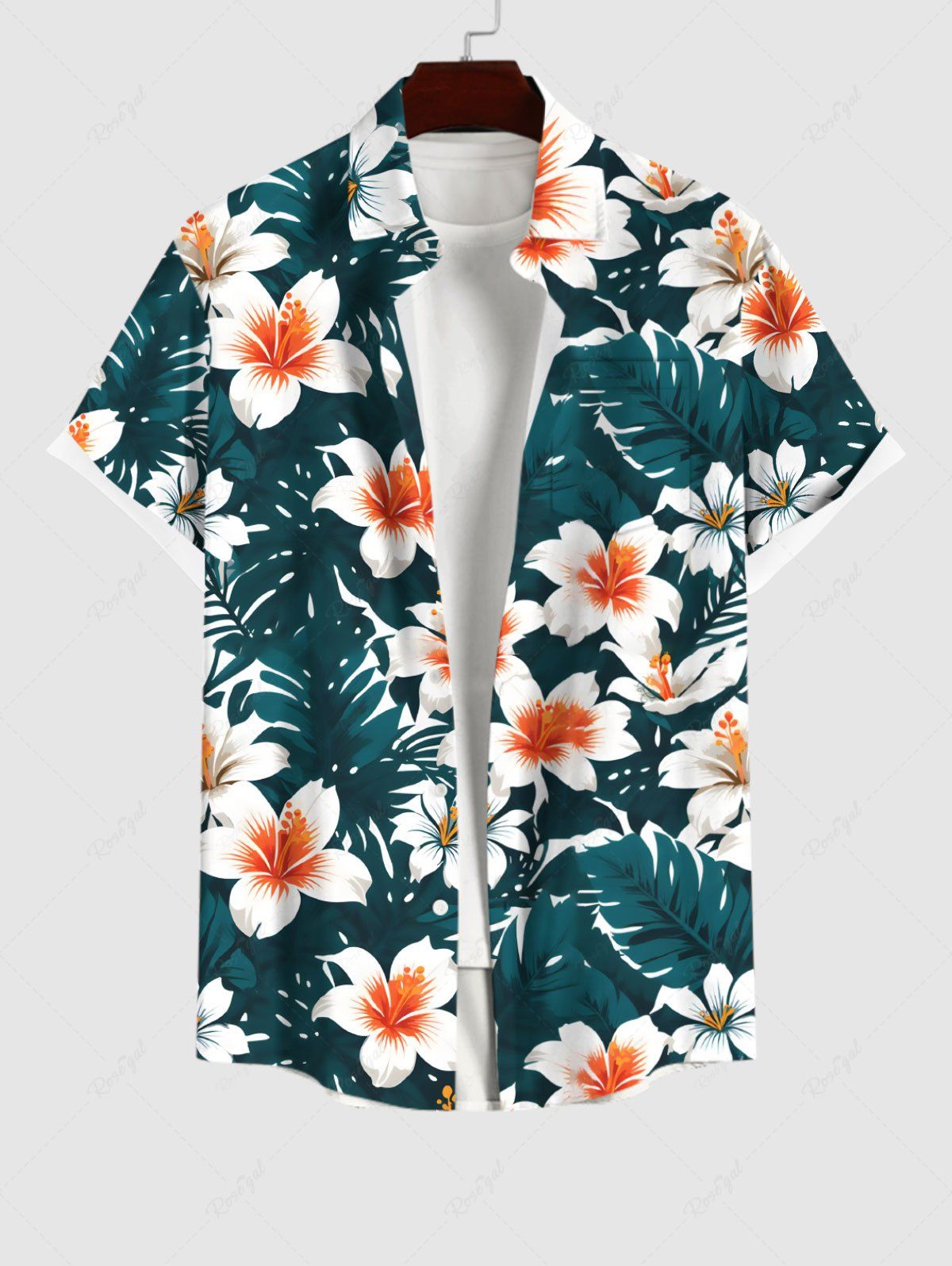 Latest Plus Size Tropical Leaf Hibiscus Flower Print Buttons Pocket Hawaii Shirt For Men  