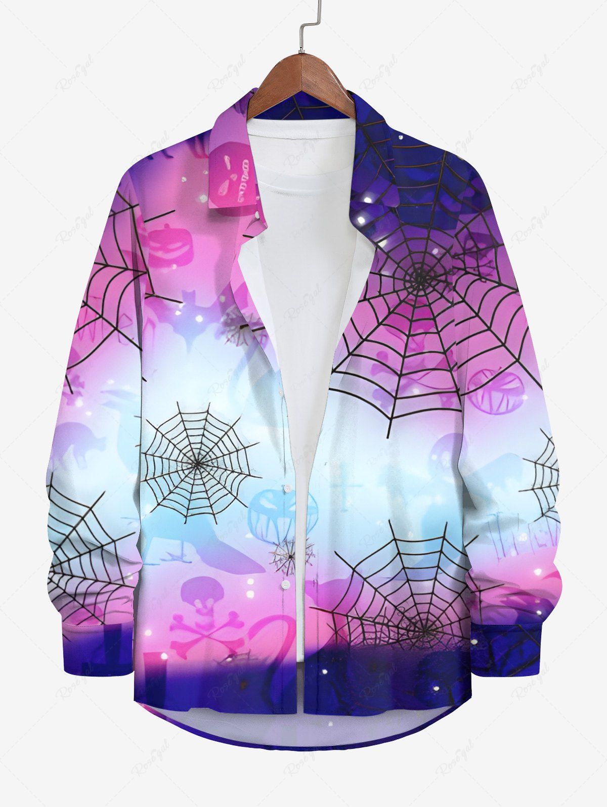 Shop Plus Size Halloween Spider Web Bat Pumpkin Ombre Colorblock Print Buttons Long Sleeve Shirt For Men  