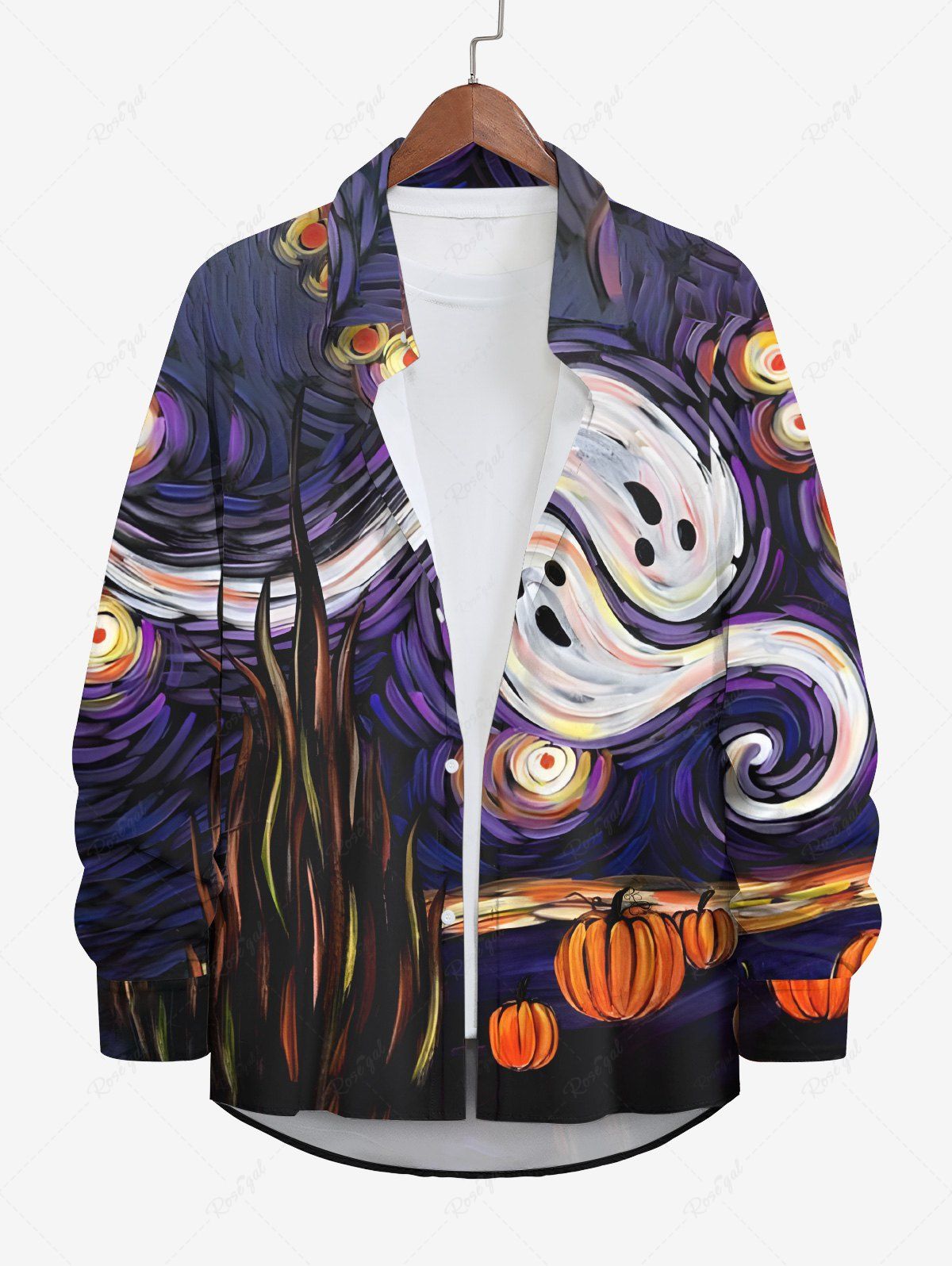 Sale Plus Size Halloween Oil Painting Ghost Pumpkin Print Buttons Long Sleeve Shirt For Men  