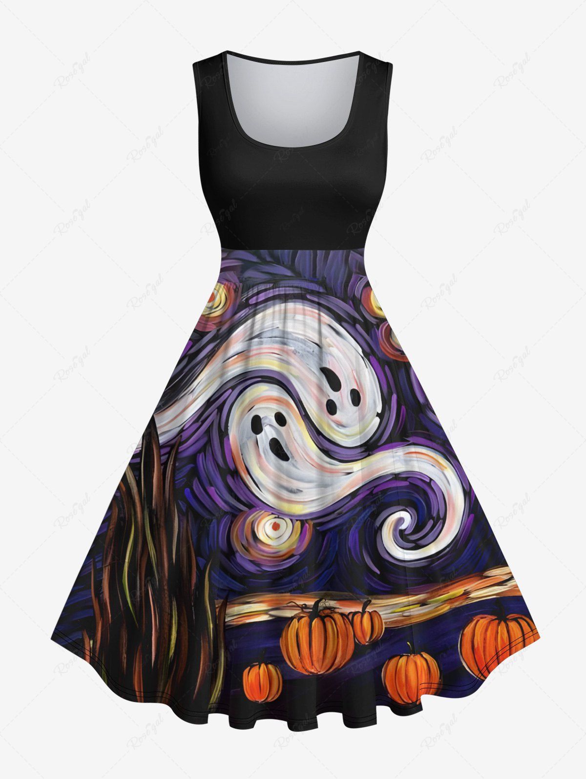 Store Plus Size Halloween Costume Oil Painting Ghost Pumpkin Print 1950s Vintage Dress  