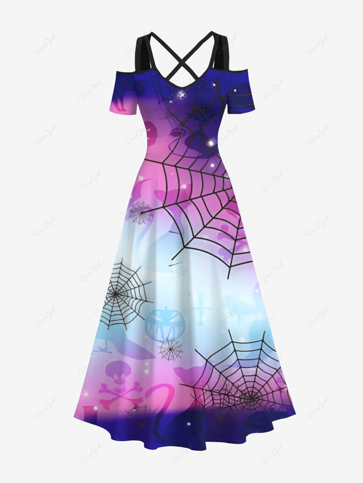 Maxi Robe D'Halloween Citrouille et Chauve-souris Imprimés en Blocs de Couleurs Grande Taille Multi-A 2X