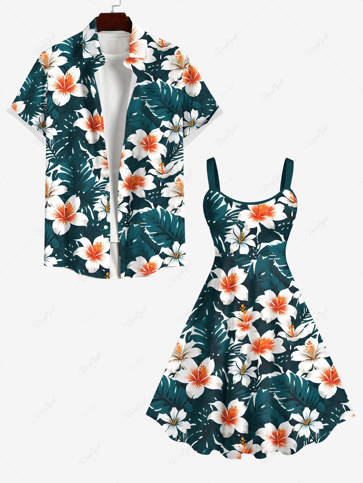 Sale Tropical Leaf Hibiscus Flower Print Plus Size Matching Hawaii Beach Outfit For Couples  