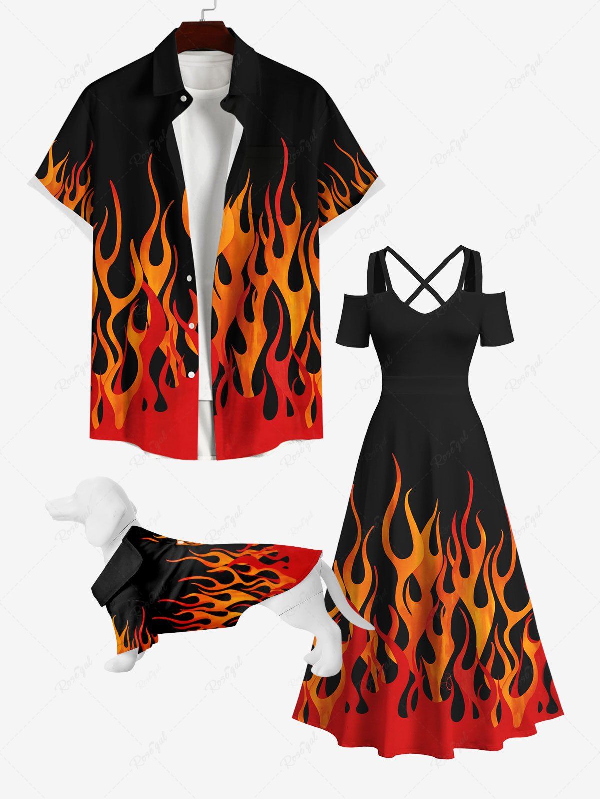 Fashion Halloween Costume Fire Flame Print Dog and Owner Matching Outfits  