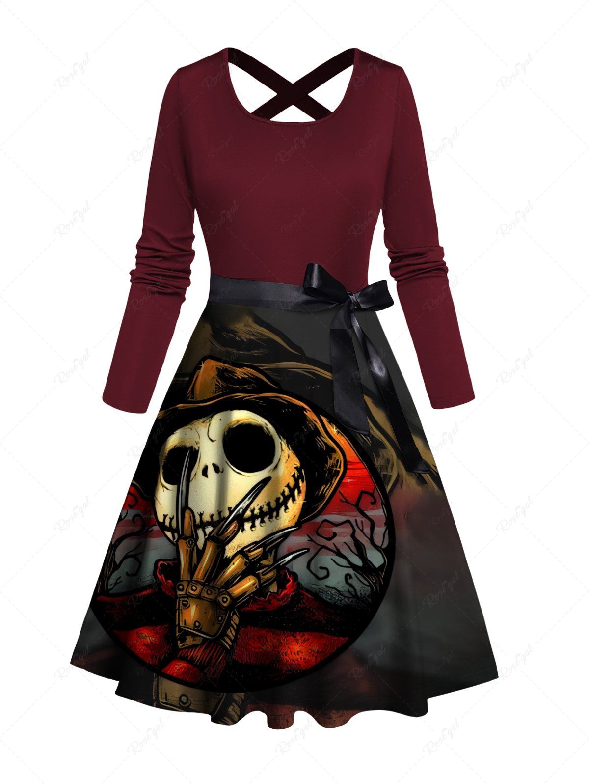 Robe Ligne A Ceinturée Gothique Croisée Squelette Imprimée Rouge foncé XXL | NOUS 14