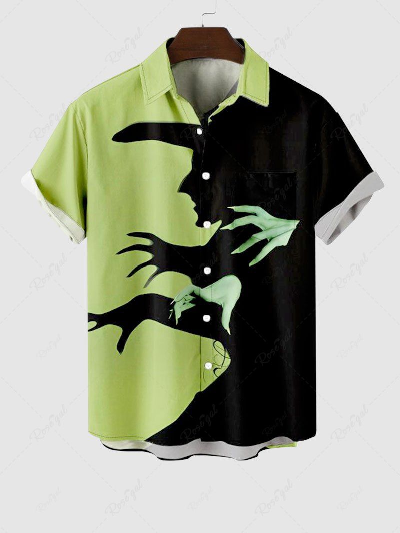 Trendy Plus Size Halloween Hat Hands Shadow Print Buttons Pocket Shirt For Men  