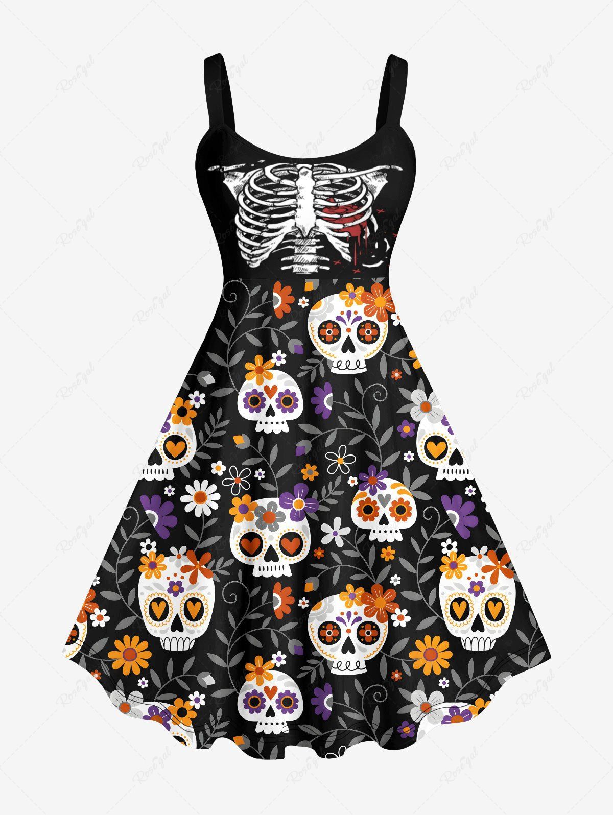 Robe Costume D'Halloween Fleur Colorée Crâne Imprimée Grande Taille Noir 3X