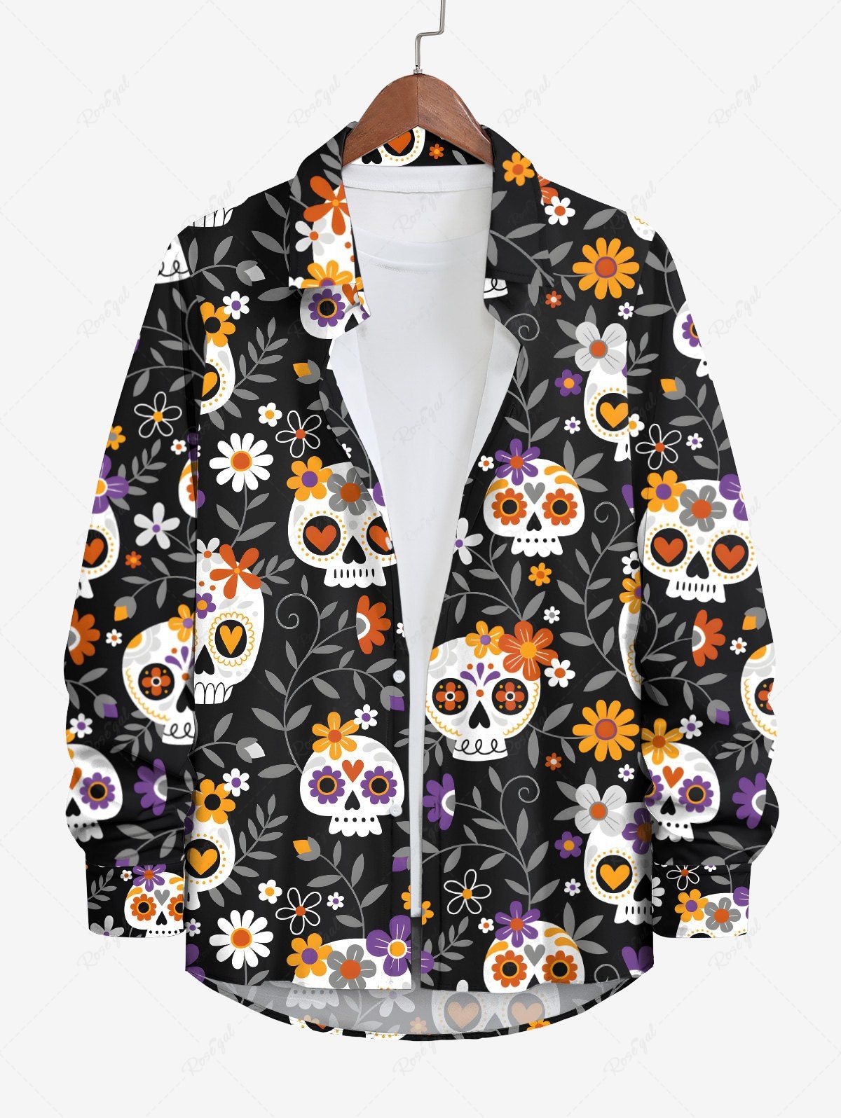 Affordable Plus Size Halloween Cute Skulls Colorful Flowers Print Buttons Long Sleeve Shirt For Men  