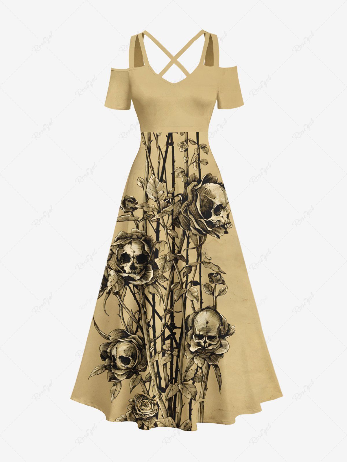 Maxi Robe D'Halloween Costume Rose Feuille Imprimés à Epaule Dénudée de Grande Taille café lumière 3X