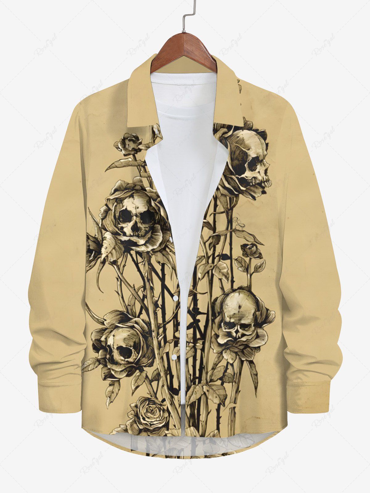 Shop Plus Size Halloween Skulls Rose Flower Leaf Print Buttons Long Sleeve Shirt For Men  