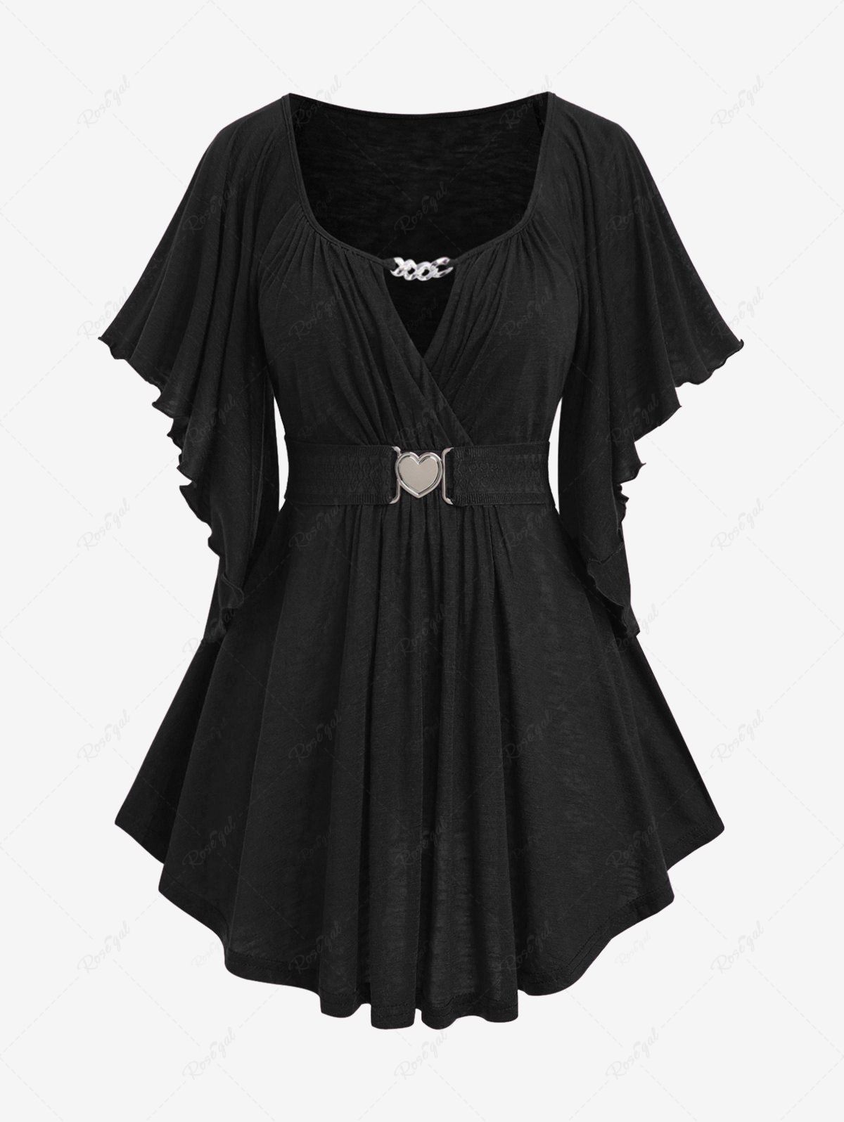 T-shirt Cache-Coeur Ceinturé à Manches Papillon et Chaîne Grande Taille Noir M | US 10