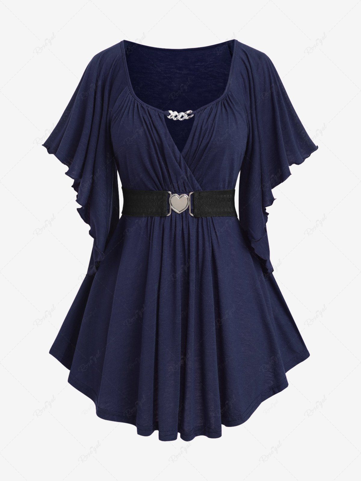 Trendy Plus Size Chain Panel Belted Butterfly Sleeve Surplice Top  