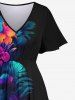 Robe Mi-Longue Fendue Fleur D'Hibiscus et Feuille Tropicale Imprimées de Grande Taille - Noir XXS