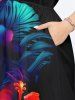 Robe Mi-Longue Fendue Fleur D'Hibiscus et Feuille Tropicale Imprimées de Grande Taille - Noir XXS