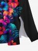 Robe Mi-Longue Fendue Fleur D'Hibiscus et Feuille Tropicale Imprimées de Grande Taille - Noir XXS