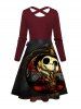 Robe Ligne A Ceinturée Gothique Croisée Squelette Imprimée - Rouge foncé XXL | NOUS 14
