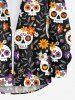Plus Size Halloween Cute Skulls Colorful Flowers Print Buttons Long Sleeve Shirt For Men -  