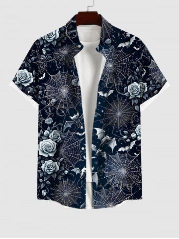 Plus Size Halloween Spider Web Bat Rose Flower Print Buttons Pocket Shirt For Men - BLACK - 4XL