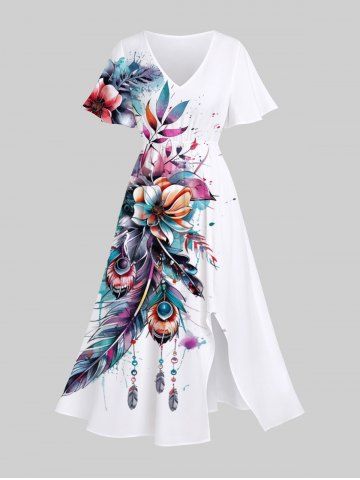 Plus Size Flowers Leaf Feather Tassel Paint Splatter Print Split Hawaii Midi Dress - WHITE - 1X