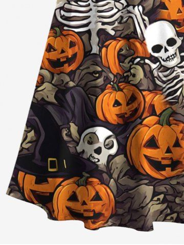 Plus Size Halloween Costume Pumpkin Ghost Skeleton Skulls Bat Print Cold Shoulder Crisscross Maxi Dress