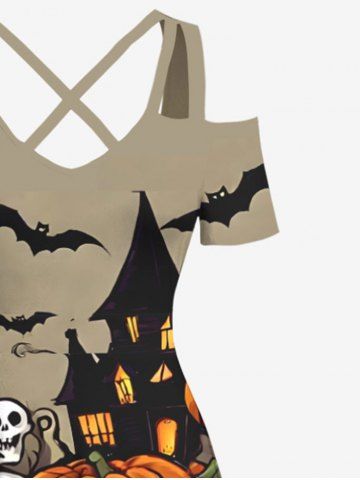 Plus Size Halloween Costume Pumpkin Ghost Skeleton Skulls Bat Print Cold Shoulder Crisscross Maxi Dress
