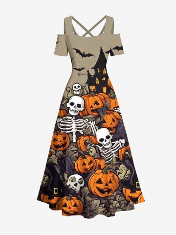 Plus Size Halloween Costume Pumpkin Ghost Skeleton Skulls Bat Print Cold Shoulder Crisscross Maxi Dress