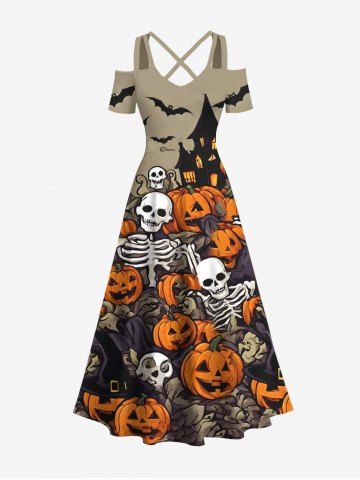Plus Size Halloween Costume Pumpkin Ghost Skeleton Skulls Bat Print Cold Shoulder Crisscross Maxi Dress