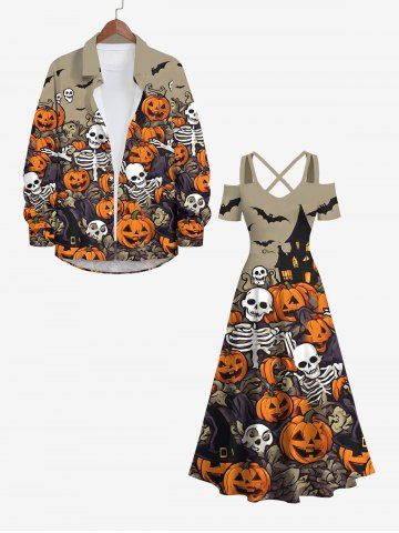 Plus Size Halloween Costume Pumpkin Ghost Skeleton Skulls Bat Print Cold Shoulder Crisscross Maxi Dress