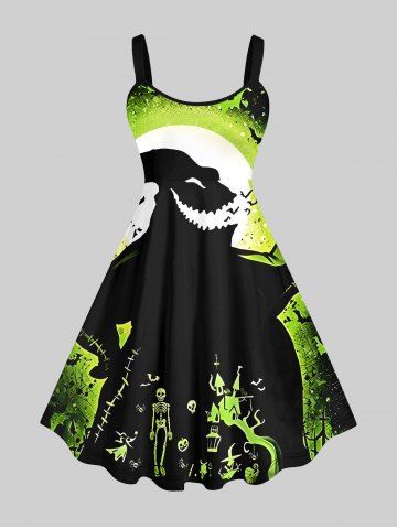 Plus Size Halloween Costume Monster Moon Skeleton Skull Pumpkin Print Tank Dress - BLACK - S