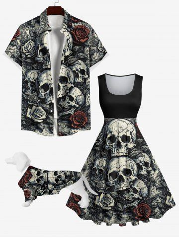 Halloween Costume Skulls Rose Flower Print Dog and Owner Matching Outfits - BLACK