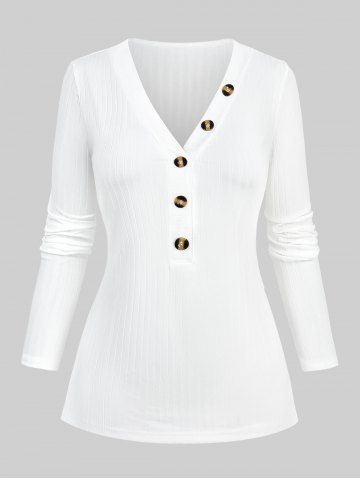 Plus Size Button Knitted Ribbed Textured Long Sleeve Top - WHITE - 1XL