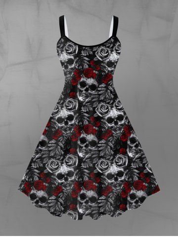 Gothic Skull Rose Print Sleeveless A Line Dress