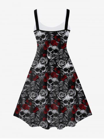 Gothic Skull Rose Print Sleeveless A Line Dress