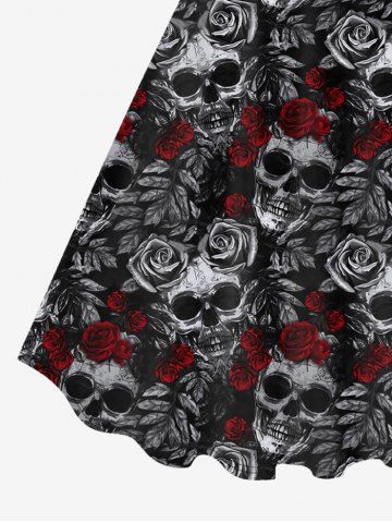 Gothic Skull Rose Print Sleeveless A Line Dress