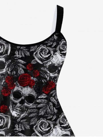 Gothic Skull Rose Print Sleeveless A Line Dress