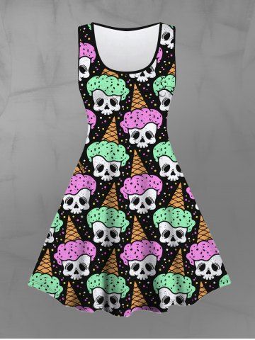 Gothic Skull Ice Cream Print Sleeveless A Line Dress - BLACK - 3X | US 22-24