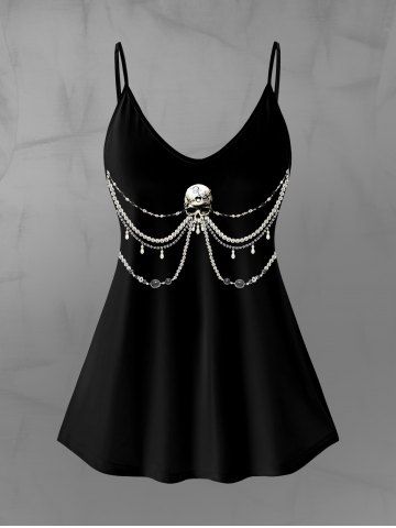 Gothic Skull 3D Bead Rhinestone Print Cami Top (Adjustable Straps) - BLACK - 3X | US 22-24