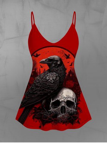 Gothic Cami Bird Skull Print Top (Adjustable Shoulder Strap) - RED - 2X | US 18-20