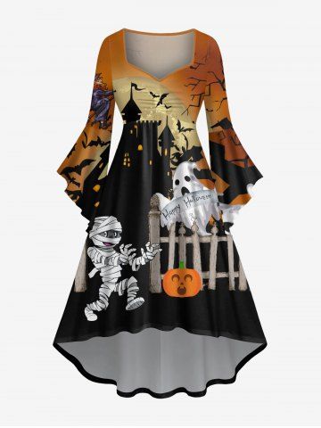 Plus Size Halloween Costume Pumpkin Mummy Ghost Bat Print Flare Sleeve High Low Dress - MULTI-A - 4X