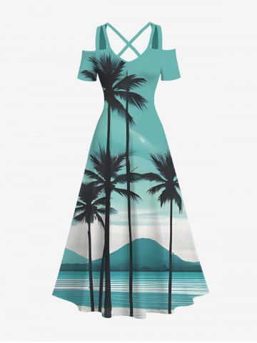 Plus Size Coconut Tree Mountain Sea Ombre Colorblock Print Cold Shoulder Crisscross Hawaii Maxi Dress - GREEN - XS