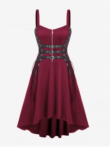 Plus Size Grommets Lace Up Buckles Zipper High Low Midi Dress - DEEP RED - 1X | US 14-16