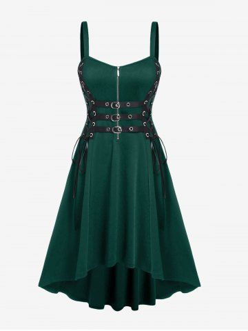 Plus Size Grommets Lace Up Buckles Zipper High Low Midi Dress - DEEP GREEN - L | US 12