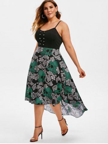 Plus Size Chiffon Skull Floral Printed Grommets High Low Halloween Dress