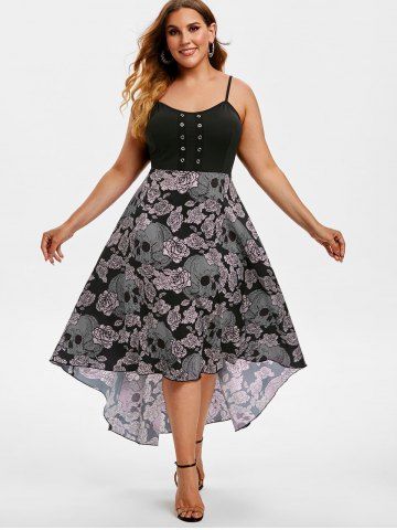 Plus Size Chiffon Skull Floral Printed Grommets High Low Halloween Dress - BLACK - L | US 12